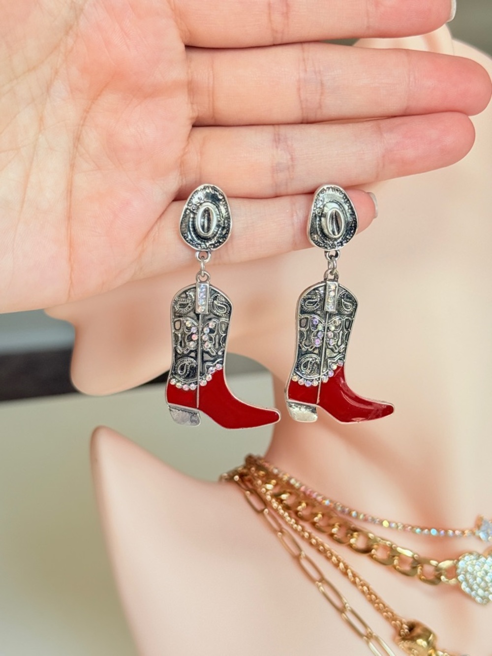 Red Cowboy Boot Dangle Earrings - Picture 11 of 13